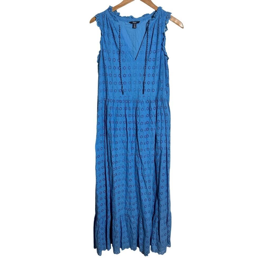 Hatley Cottagecore Dress Women Size L Blue Eyelet Cotton Maxi‎ Sleeveless Lined